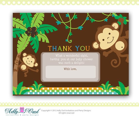 Jungle Monkeys Baby Shower Thank You Card Printable Diy Party Jungle Monkeys Baby Shower Thank You