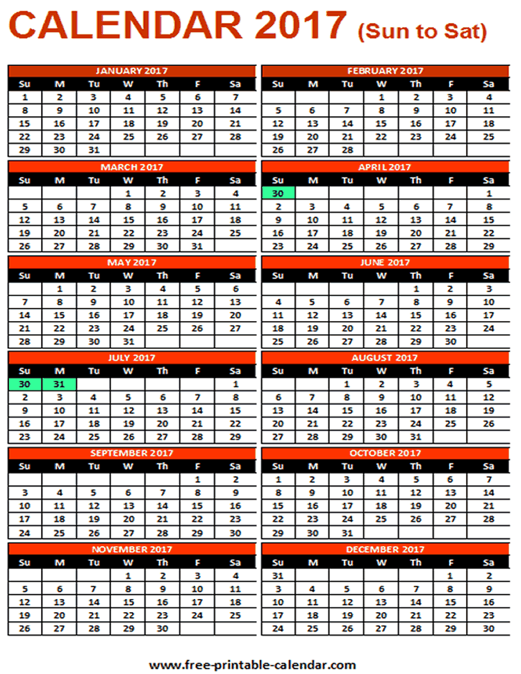twelve months calendar