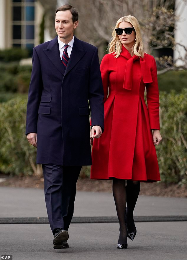 Ivanka dons a bright red coat to watch President Trump