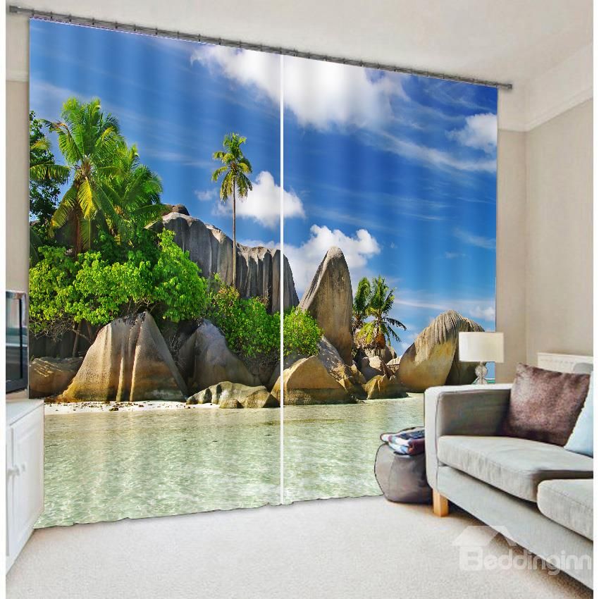Blue Curtains Decor By Ambesonne Ocean Tropical Palm Trees On