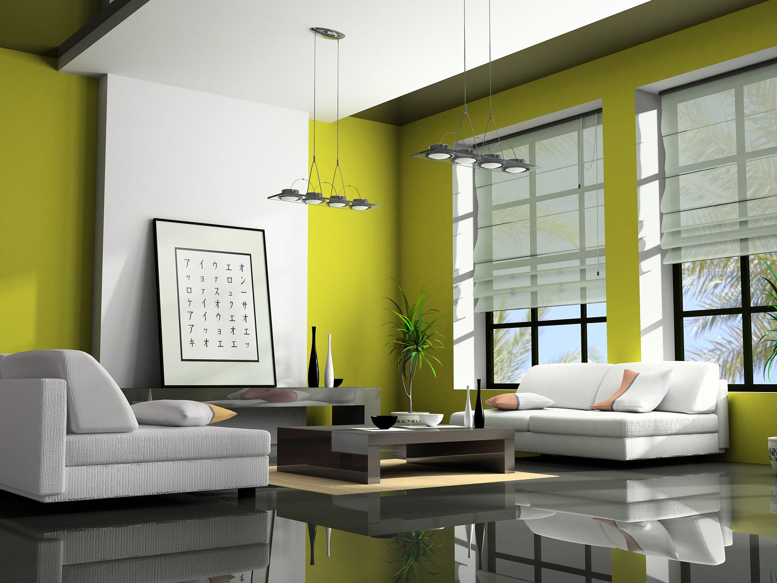 Home Interior With Sofas Green 3D Rendering Home Interior With Sofas Green 3D Rendering
