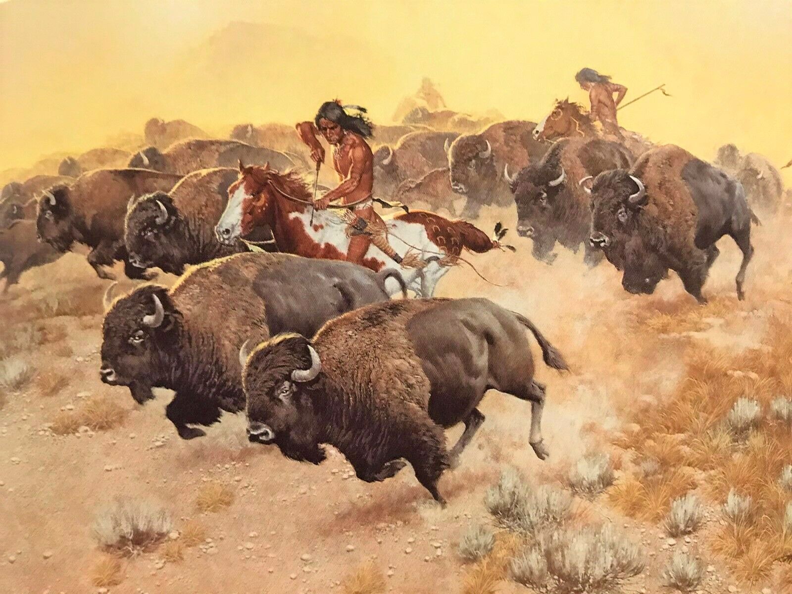 Bison hunt horseback Native Americans hunting party Western art by Frank C McCarthy vintage print Wild West theme Americas Old West