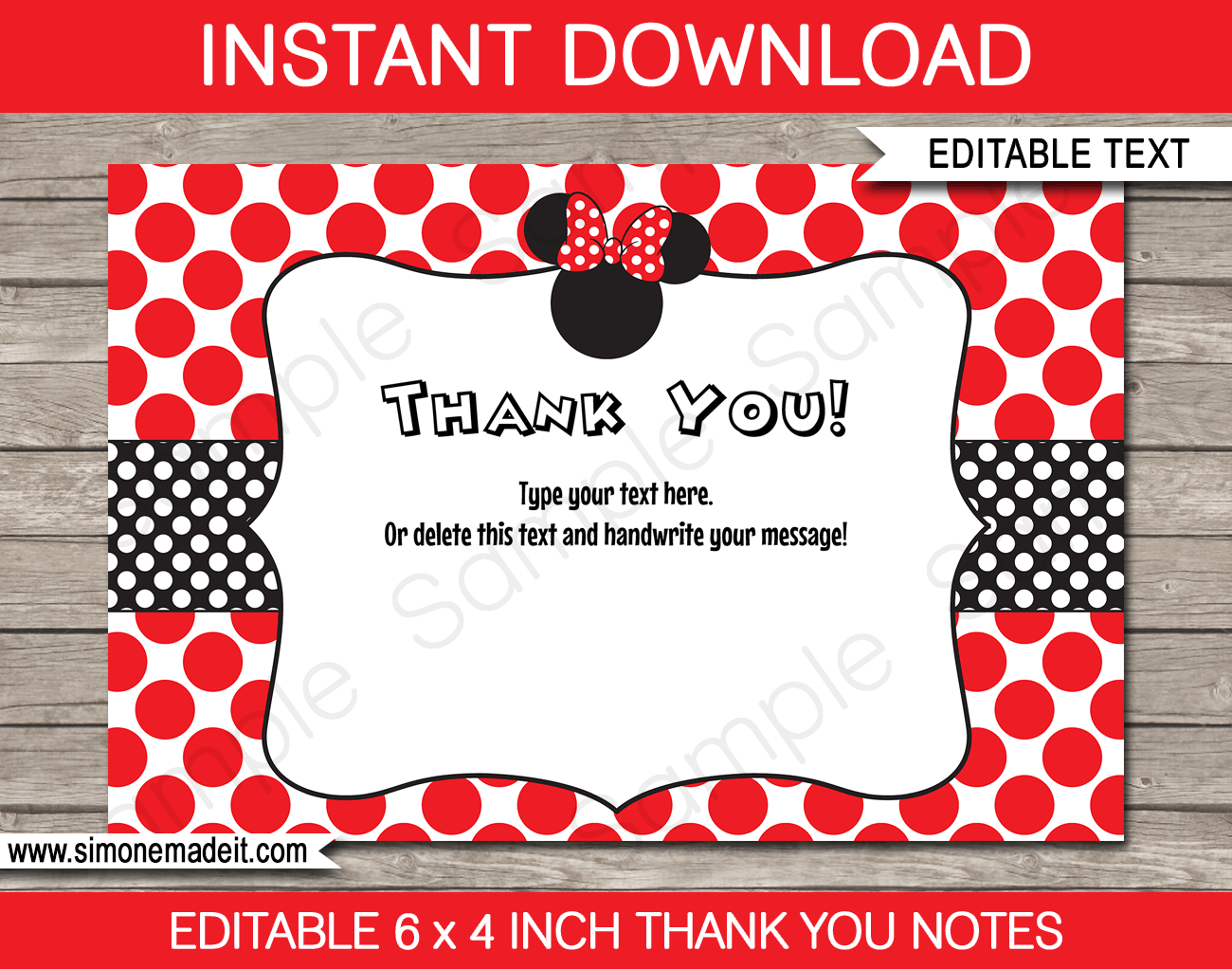 Download Minnie Mouse Party Thank You Cards template - red | Minnie ...