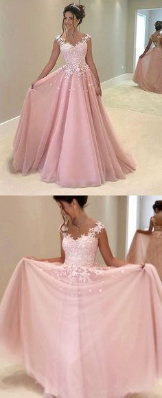 Weiße Spitze Appliqued Abendkleid, Ballkleid Rosa Ballkleider, Lange Abendkleid...