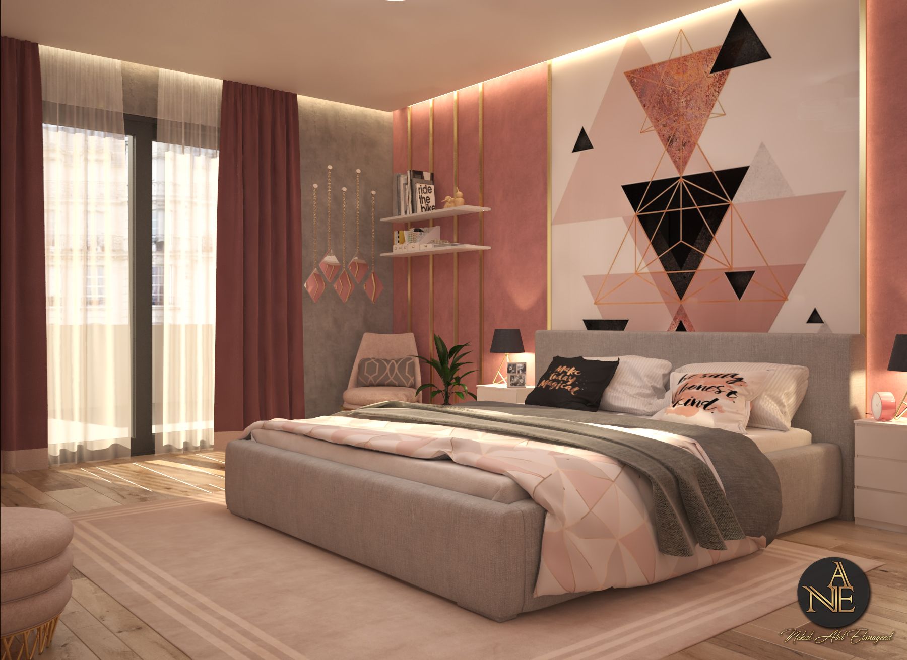 girly bedroom design to be more comfortable and cozy ,modern design palette is pink and grey with gradient of both material using gold material more appropriate to pink color and white plastic and wood the concept using more triangle lines in bed and wallpaper and chairs i was just want… Teen Bedroom Designs, Room Design Bedroom, Small Room Bedroom, Room Ideas Bedroom, Home Room Design, Home Bedroom, Bedroom Wallpaper Designs, Wallpaper Design For Bedroom, Wallpaper Ideas