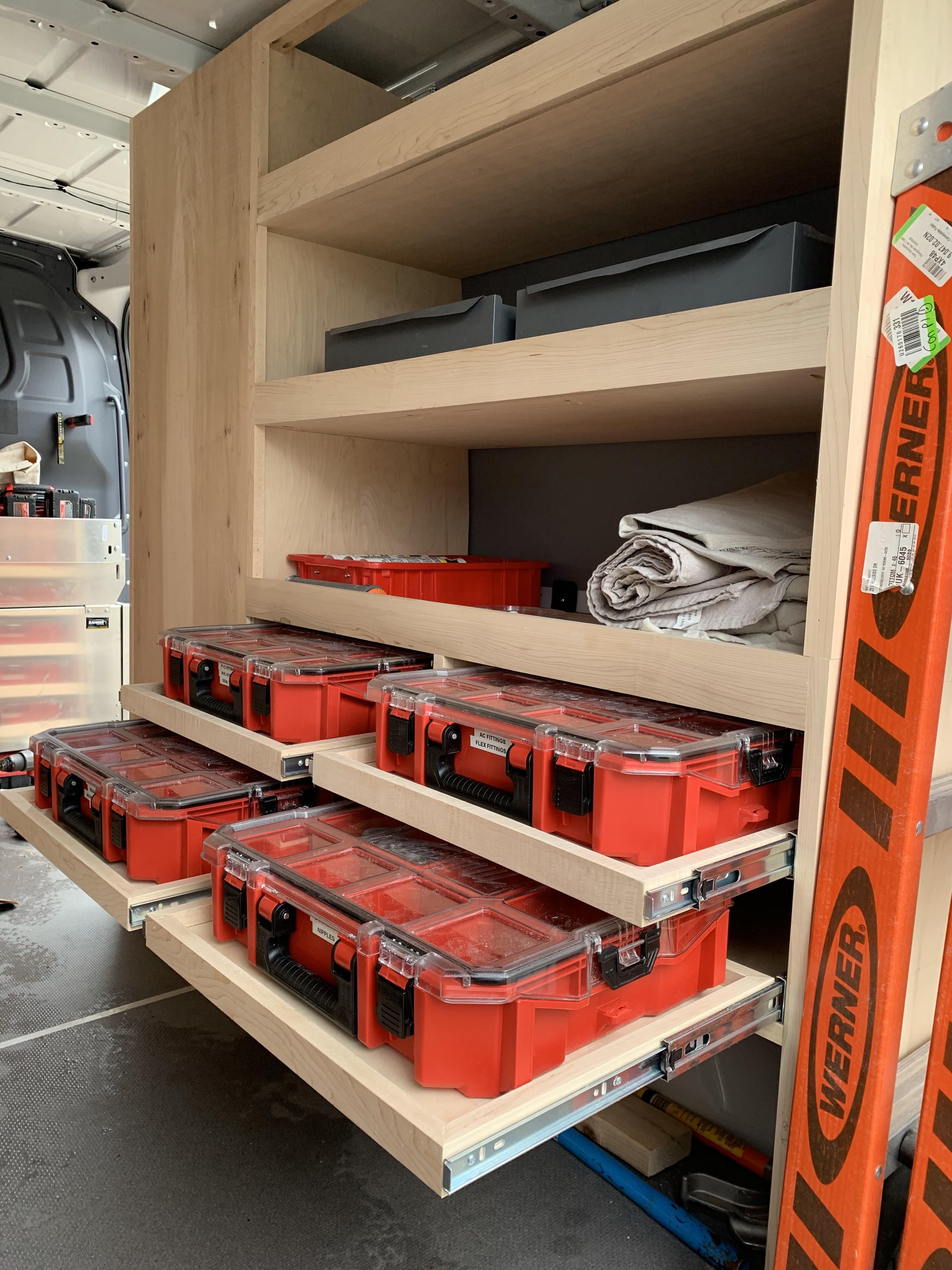 Trailer Shelving, Van Shelving, Trailer Storage, Truck Storage, Garage Interior, Van Interior, Milwaukee Tool Box, Repair Cracked Concrete, Van Organization