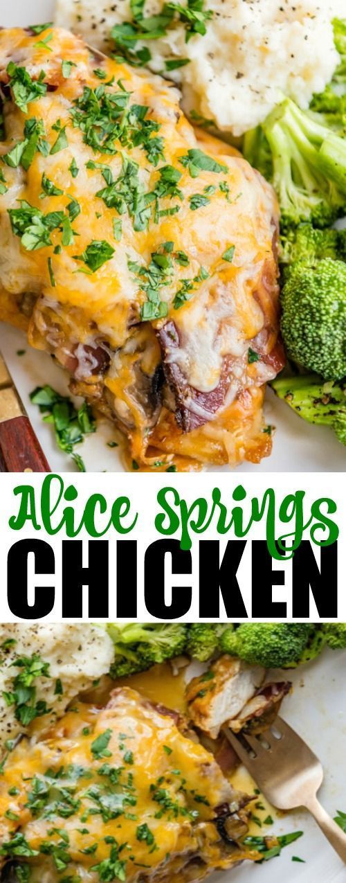 An easy recipe for Alice Springs Chicken, an Outback Steakhouse copycat recipe. Marinade chicken breast in honey mustard sauce, then top with mushrooms, bacon, and way too much cheese! So delicious. Chicken Pot Pie Recipes, Chicken Entrees, Poultry Recipes, Cooking Recipes, Healthy Recipes, Flour Recipes, Free Recipes, Keto Recipes, Recipe For Alice Springs Chicken