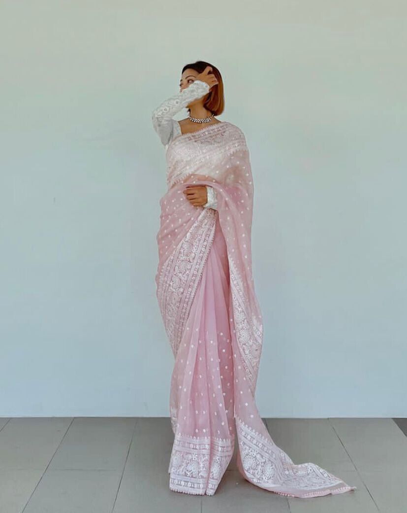 Saree Indian Party Wear Wedding Designer Pakistani Bollywood Pink Saree Blouse Pink Organza Saree, Pink Saree Blouse, Saree Dress, Fancy Sarees, Party Wear Sarees, Silk Sarees, Designer Sarees Wedding, Indian Designer Sarees, Patiala Salwar