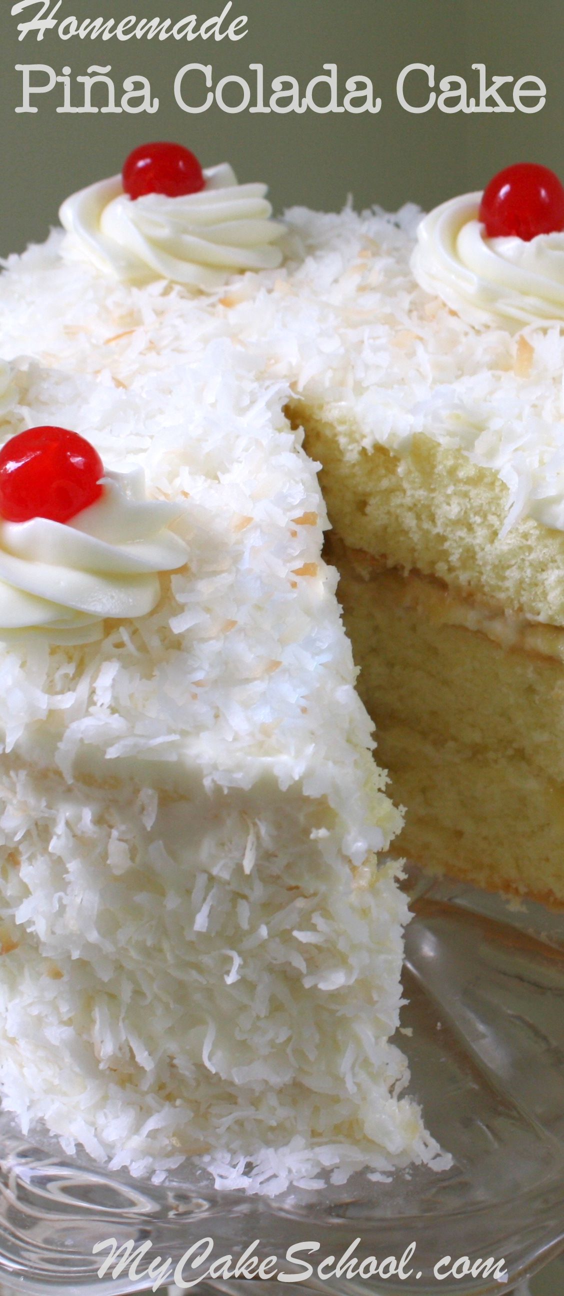 This AMAZING homemade Piña Colada Cake recipe is perfect for summer gatherings! Moist coconut cake layers with crushed pineapple filling, a hint of rum, and a flavorful Piña Colada Cream Cheese Frosting! MyCakeSchool.com. via @mycakeschool Just Desserts, Cake Desserts, Delicious Desserts, Cupcake Cakes, Dessert Recipes, Baking Desserts, Pina Colada Cake Recipe From Scratch, Cake Recipes From Scratch, Pina Colada Pound Cake Recipe