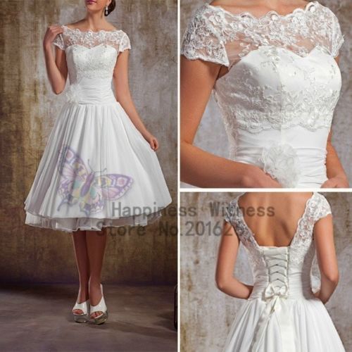 New Vintage White//Ivory Lace Tea Length Short Wedding Dress Bridal Gown Size6-18