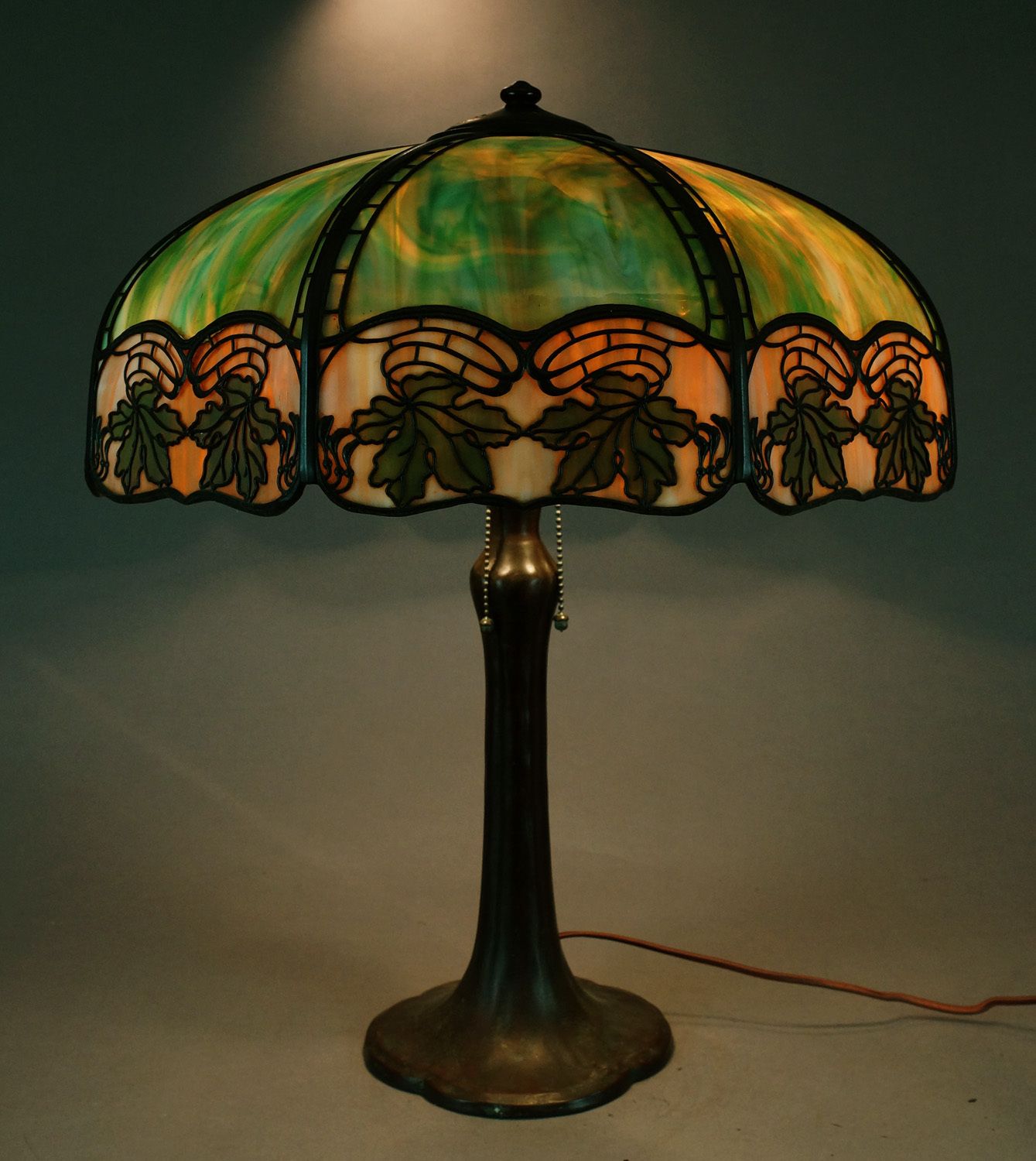 Signed Handel Maple Leaf Slag Glass Overlay Panel Lamp No Reserve