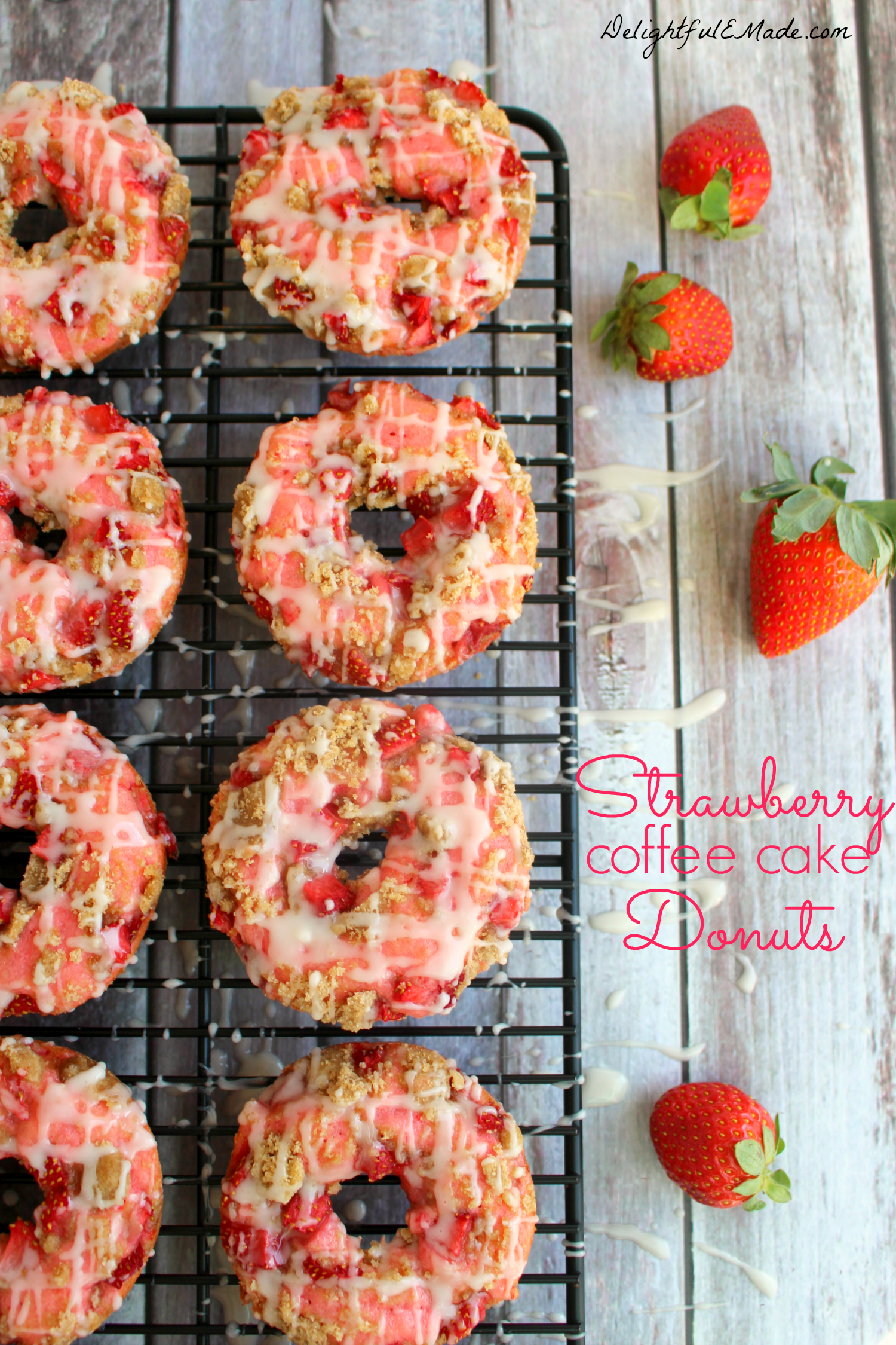 These Strawberry Coffee Cake Donuts are loaded with fresh, chopped strawberries, topped with coffee cake streusel and drizzled with glaze. Breakfast treats have never been more pretty or tasty as these! Strawberry Donuts Recipe, Strawberry Coffee Cakes, Easy Donut Recipe, Homemade Donuts Recipe, Baked Donut Recipes, Strawberry Recipes, Homemade Recipes, Strawberry Doughnut, Pumpkin Coffee Cakes