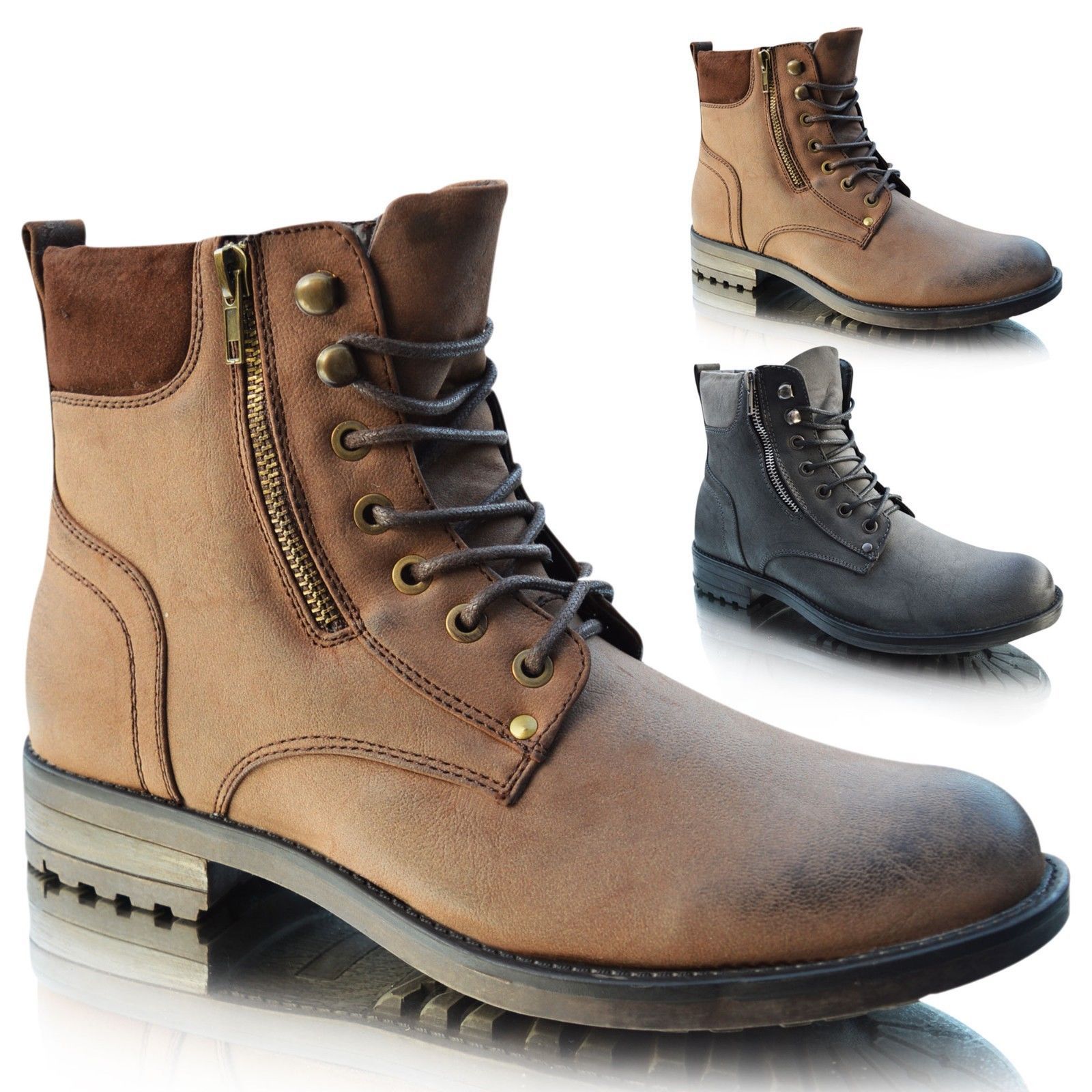 Mens New Leather Combat Zip Up Ankle Zip Military Combat Ankle Boots Brown