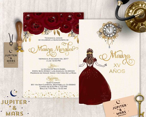 gold burgundy quinceañera invitation quinceanera invitation