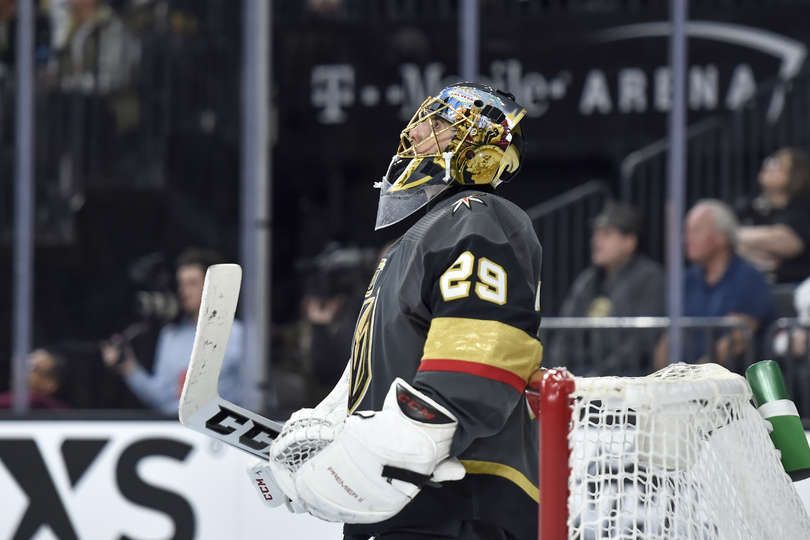 las vegas nv february 11 marc andre fleury 29 of the vegas philadelphia flyers vs las vegas