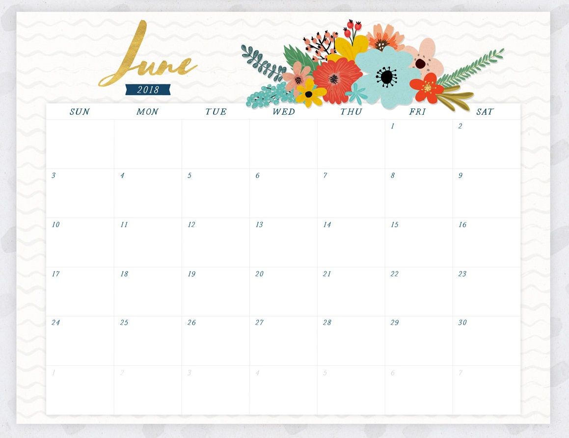 June Calendar For 2018 Printable - FREE DOWNLOAD