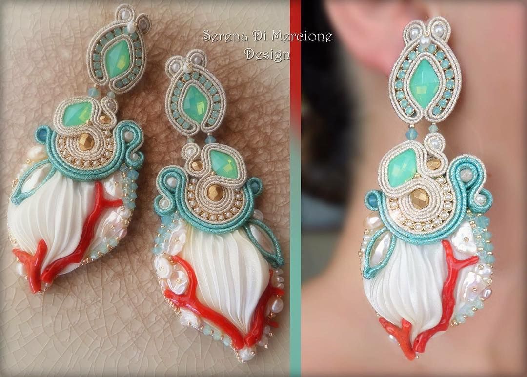 Handmade Jewel, Bargello, Red Coral, Shibori, Designer Earrings, Beaded Embroidery, Jewelry Art, Phone Ring, Swarovski