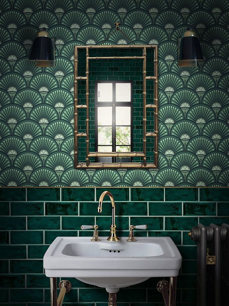 Unique Bathroom Tiles, Glamorous Bathroom, Bathroom Tile Designs, Bathroom Green, Small Bathrooms, Trendy Bathroom, Art Deco Bathroom Vintage, Art Deco Living Room Vintage, Art Deco Interior Vintage