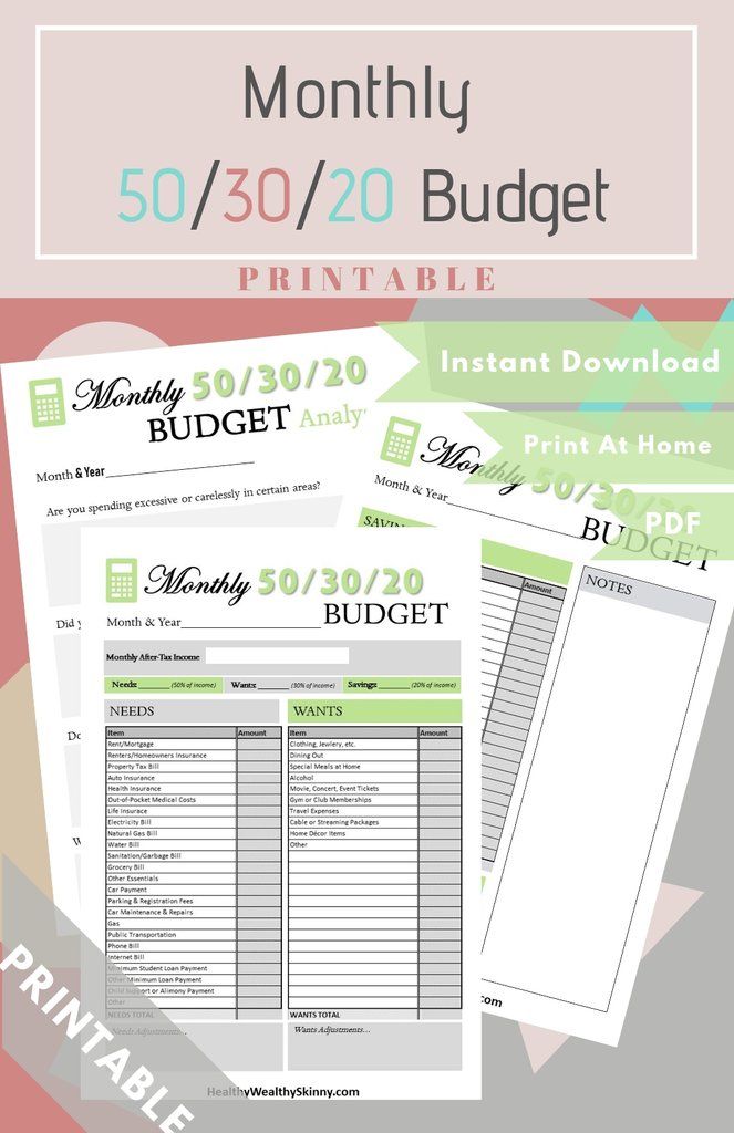 Monthly 50/30/20 Budget Worksheet PDF (Available In Various Colors Monthly 50/30/20 Budget Worksheet PDF (Available In Various Colors
