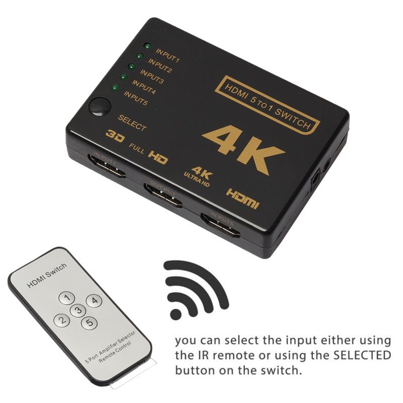 5-Port HDMI Switcher Switch Selector Splitter Hub iR Remote For HDTV 1080p 4K 3D