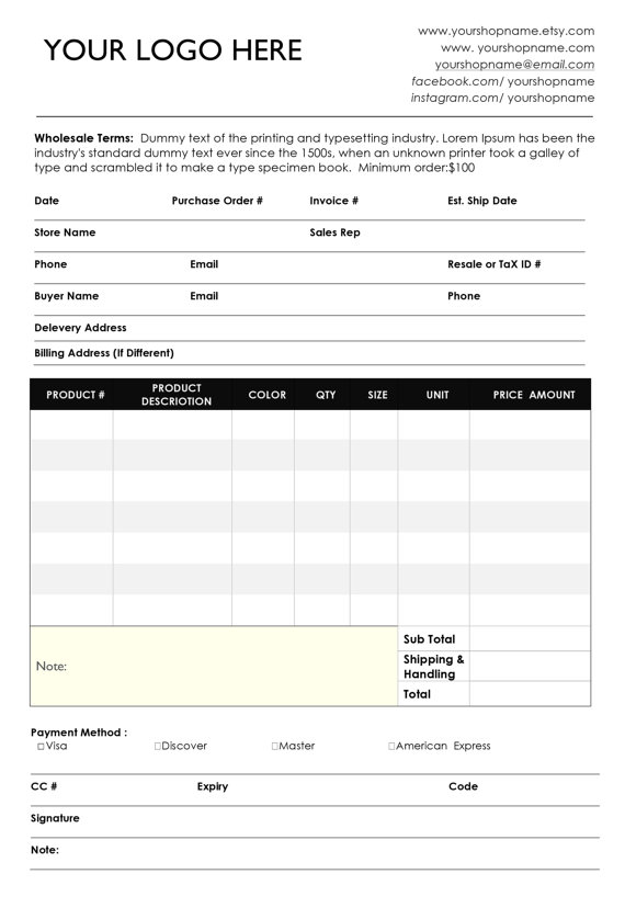order form and price sheet on one page and 2 pages wholesale order ms word price