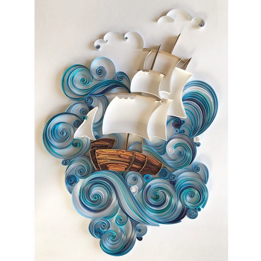 Quilling paper Art - Original Baby boy gift - 3D Paper Ship - Sea waves - Quilling gift for men - Original gift for husband - Unique gift fo