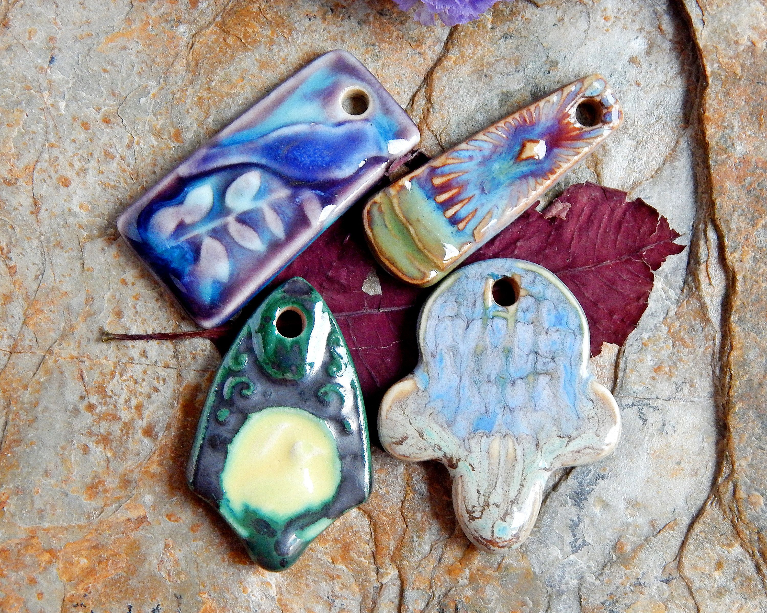 4 artisan pendants of ceramic boho necklace supplies Set of Assorted Porcelain Charms lot handcrafted pendants