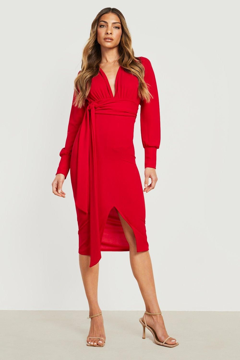 Womens Plunge Tie Waist Midi Dress - Red - 14 - Get sexy with this statement plunge dress. You can dress this low-cut dress up or down, effortlessly taking you from am to pm. The plunging neckline is very low cut, extra flirty, and leaves little to the imagination. Wear this V-neck dress for brunch, BBQs or cocktails; the possibilities are endless. However you choose to style this deep V neck dress, we know you're going to turn heads everywhere you go. Style: Bodycon DressFabric: JerseyLength: M Deep V Neck Dress, Long Sleeve Dress, Low Cut Dresses, Plunge Dress, Robes Midi, Red Midi Dress, Plunging Neckline, Dress Collection, Sexy