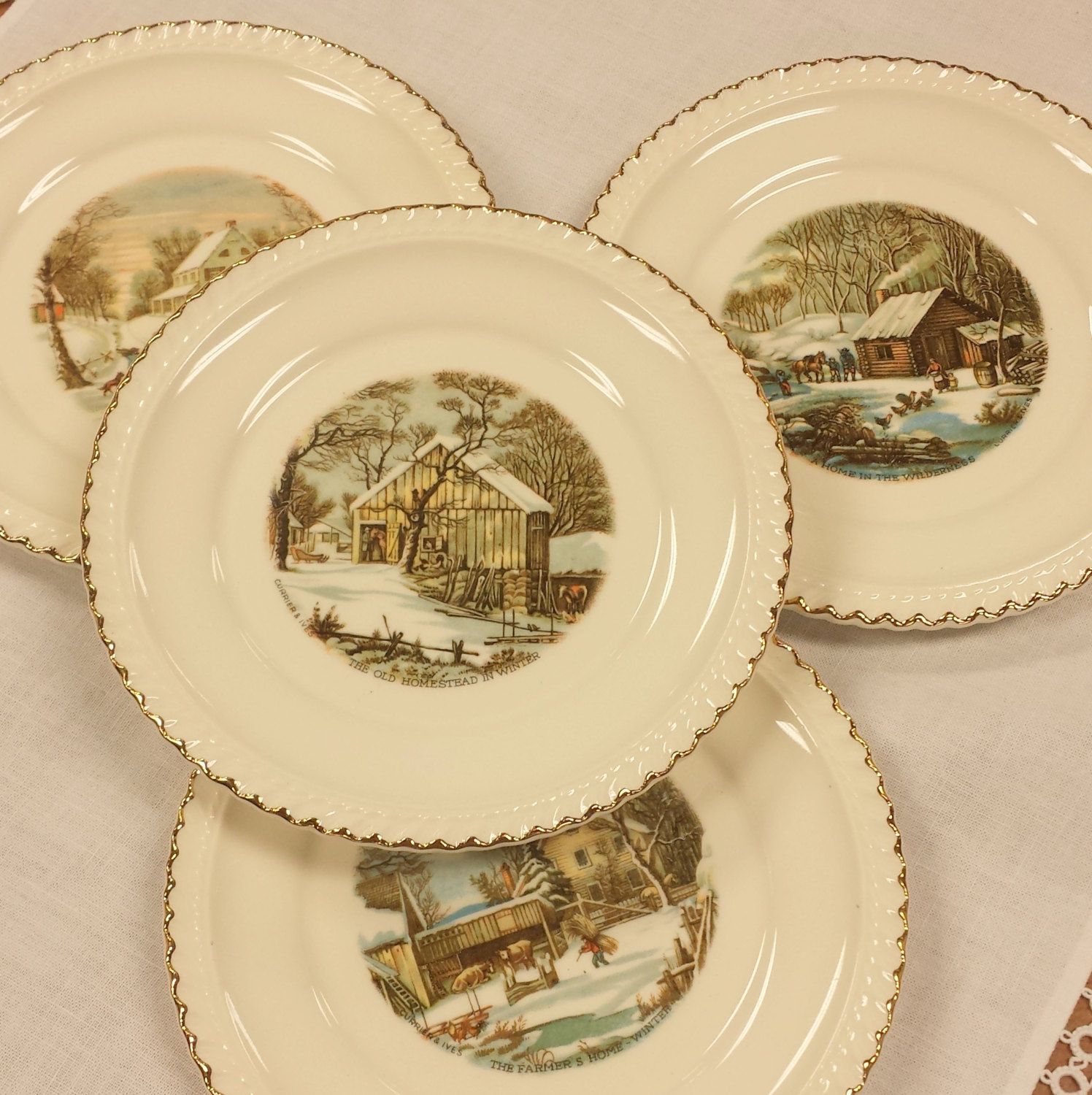 Set of 4 Currier & Ives Bread/Butter/Side ~ Winter Homestead Scenes ... Set of 4 Currier & Ives Bread/Butter/Side ~ Winter Homestead Scenes ...