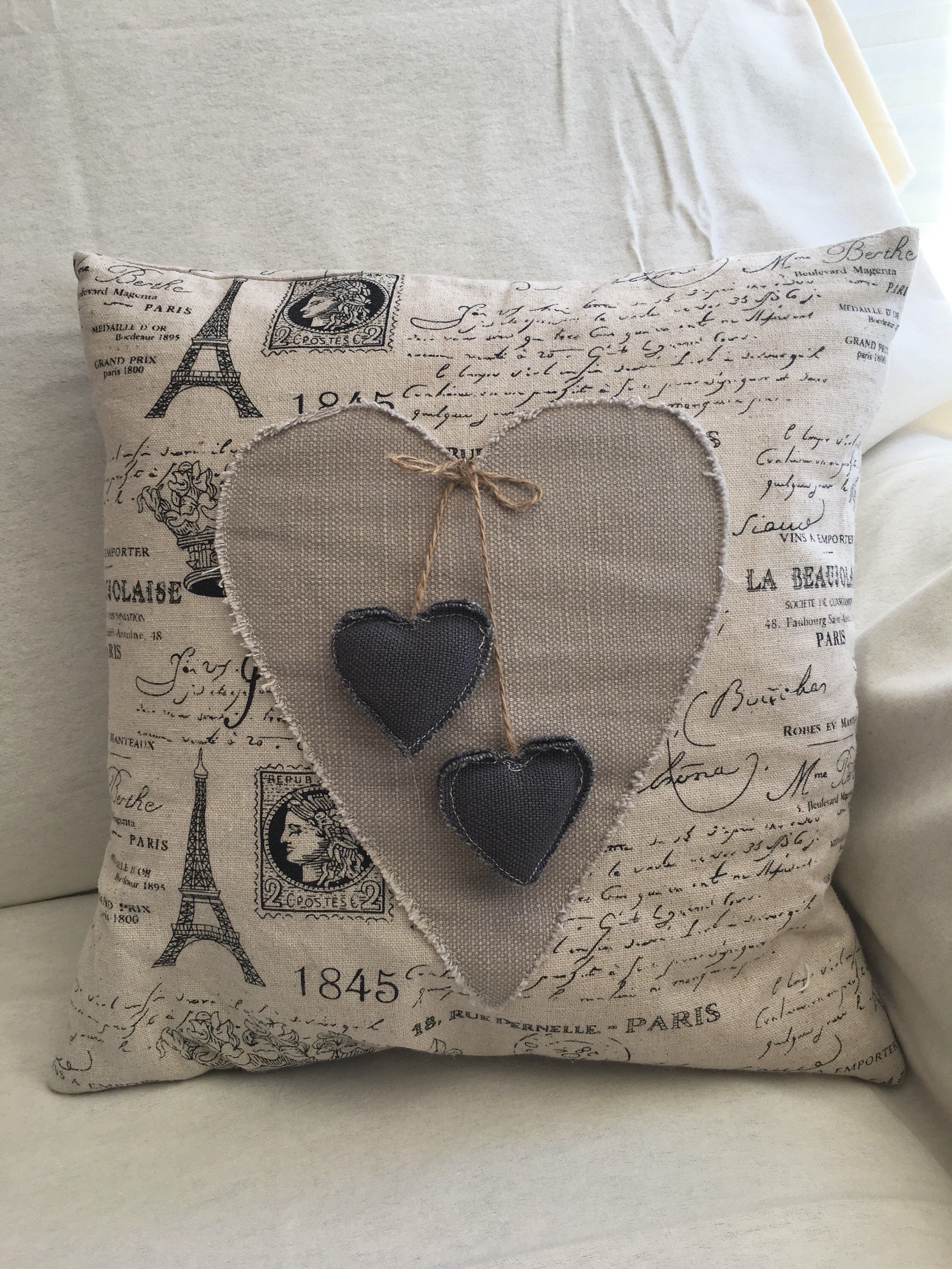 French script appliqued heart cushion, shabby chic 12 x 12" cover only