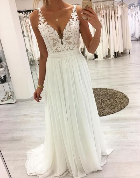 White v neck lace chiffon long prom dress, white lace evening dresses, #eveningd... - Brautkleider