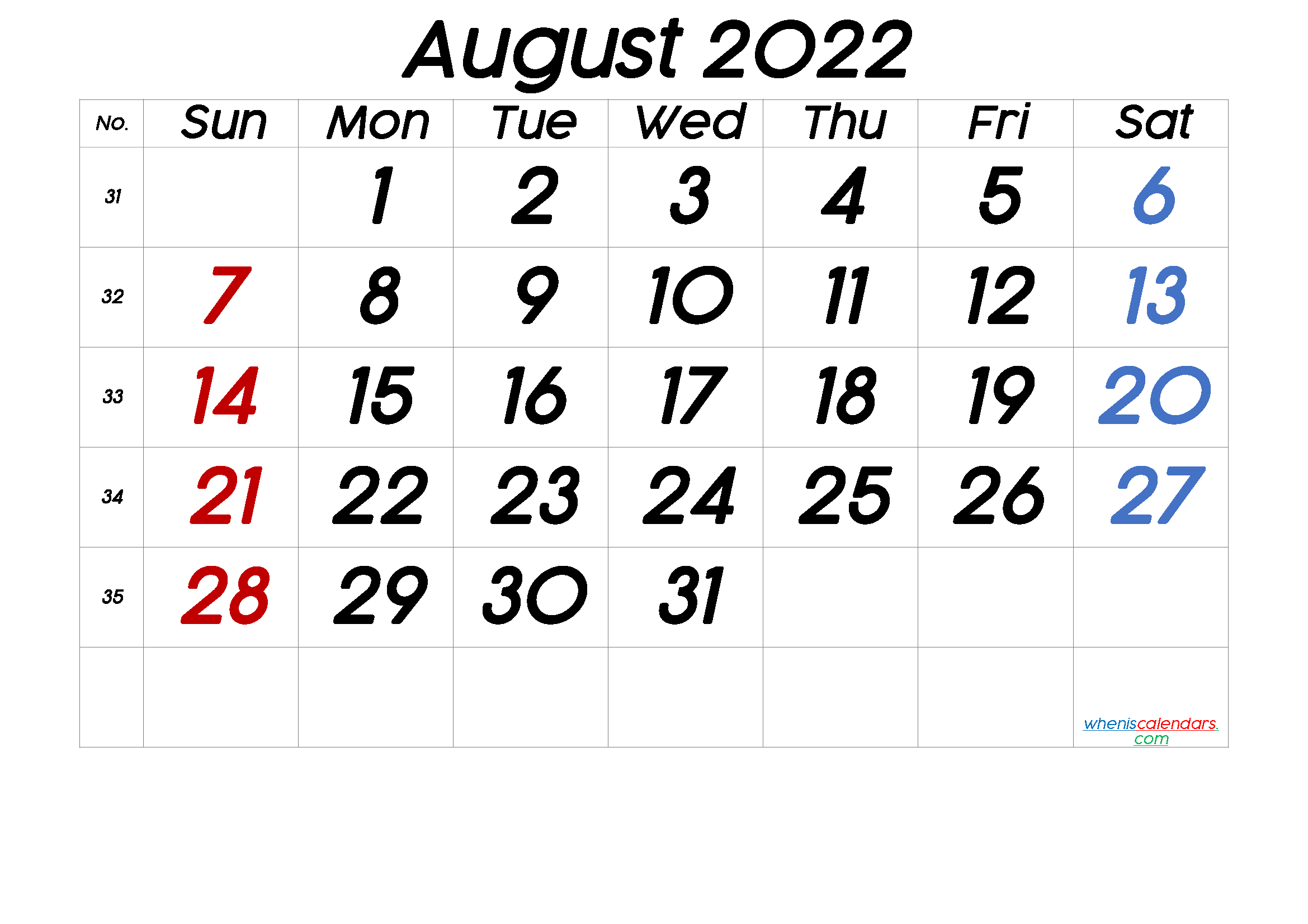 Printable Calendar August 2022 6 Templates Printable