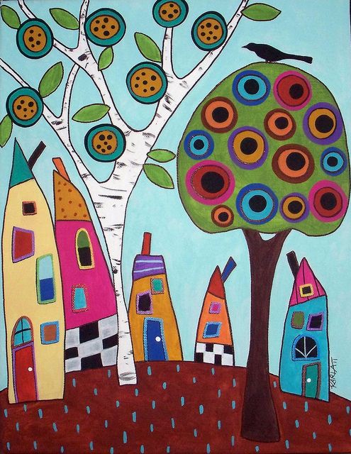 Paintings to inspire - HappyHouses by karlagerard, via Flickr Arte Folk, Folk Art, Karla Gerard, Happy House, Tree Illustration, Arte Popular, Naive Art, Whimsical Art, Art Plastique