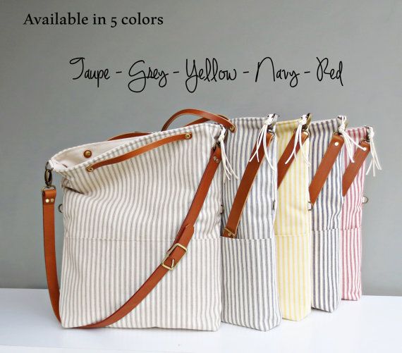 Canvas Cotton Light Blue totes and bags Ticking fabric Navy or Red Stripped