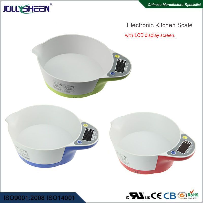 Digital Kitchen Scale with LCD Backlight Display High Presicion Sensors with Integration of ABS Bowl Platforms Ce, RoHS, FCC Ap Power : Battery. Maximum Weighing : 5kg. Shape : Round. Display Type : LCD. Accuracy : 1g. Structure : Digital. Shenzhen, Digital Kitchen Scales, Lcd, Battery, Bowl, Display, Shape, Round, High