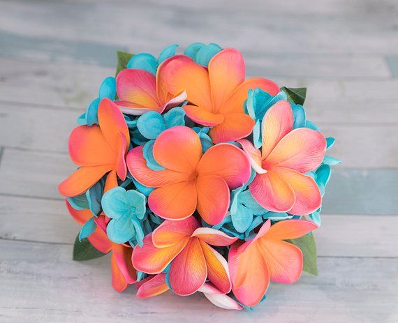 Silk Wedding Bouquet - Turquoise Coral Fuchsia Teal Real Touch Plumerias and Hydrangeas Silk Flower Bridal Bouquet #turquoisecoralweddings