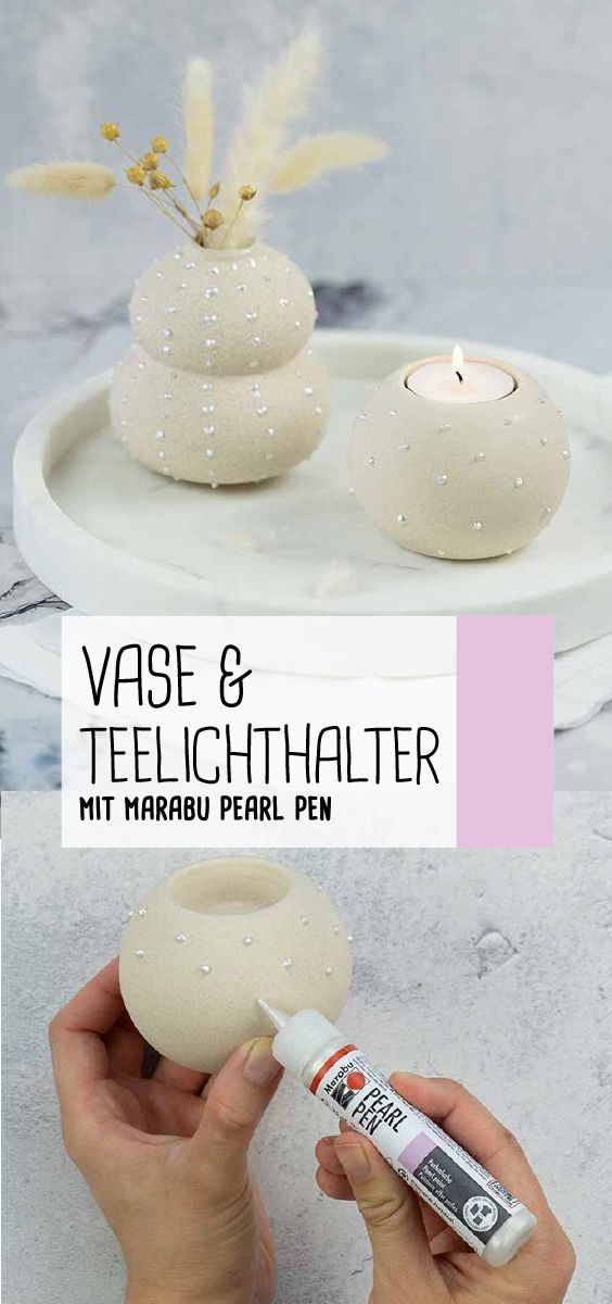 Egal ob ihr es euch zuhause alleine gemütlich macht oder als Tischdeko, wenn Besuch kommt ➡️ mit ein paar wenigen Handgriffen und den 🖊️ Marabu Pearl Pen könnt ihr aus schlichten Vasen und Kerzenhaltern stilvolle Wohnaccessoires machen. 🤩 Vielen Dank @trytrytryde für diese schöne Idee! 🤗 👉 Weitere Infos und die vollständige Anleitung findet ihr auf unserer Website (über den Klick auf den Pin). Diy Inspiration, Home Diy, Candle Holders, Candles, Small Vases, Goodies, Home Decor Accessories, Hang In There, Tutorials