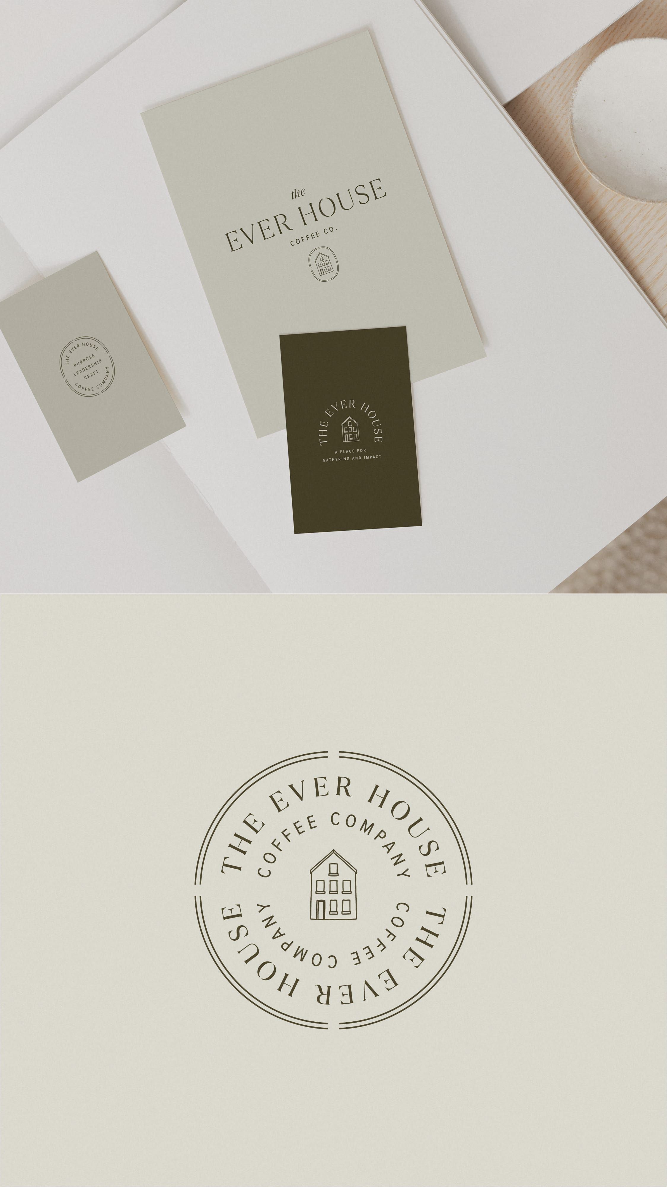 Stationery and business card design inspiration for a nonprofit coffeeshop that has a vintage vibe with organic floral illustrations and patterns. This brand features a neutral, minimal color palette with warm hues of moss green, forest green, rust orange, and neutral beiges and creams. The typography was inspired by simple vintage type layouts. Amarie Lael Design. Bold Pattern, Abstract Pattern, Geometric Pattern, Stationery Design, Wedding Stationery, Minimal Color Palette, Coffee Cup Sleeves, Business Card Design Inspiration, Vintage Floral Pattern