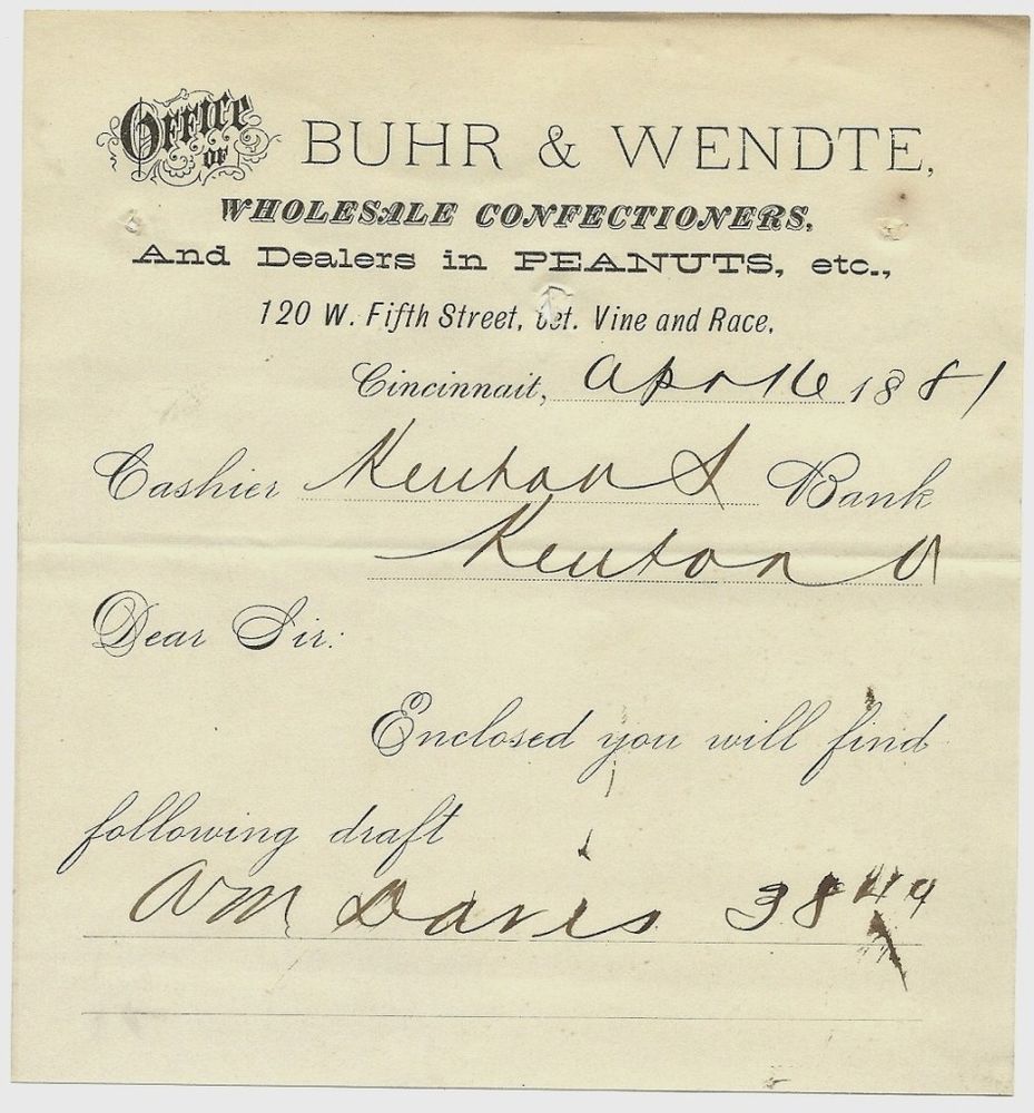 buhr wendte wholesale confectioners and peanuts 1881 memorandom letter