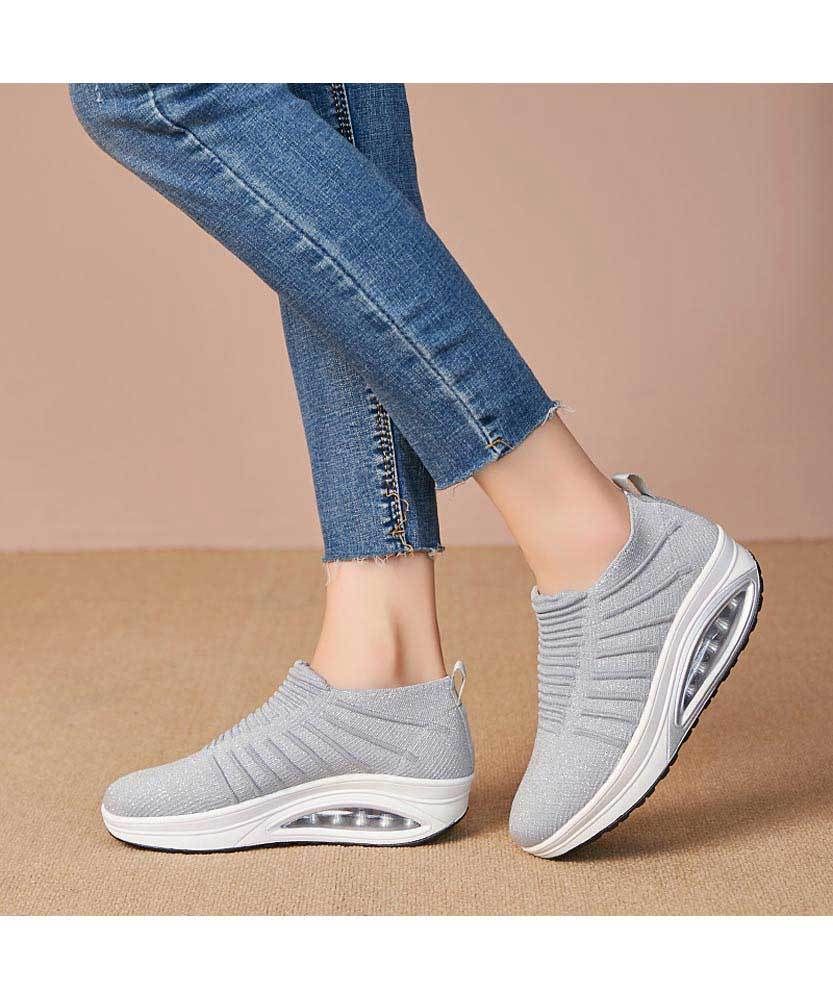 Grey Flyknit Stripe Texture Slip On Rocker Bottom Shoe Sneaker In 2020 Shape Up Shoes Rocker Bottom Slip On