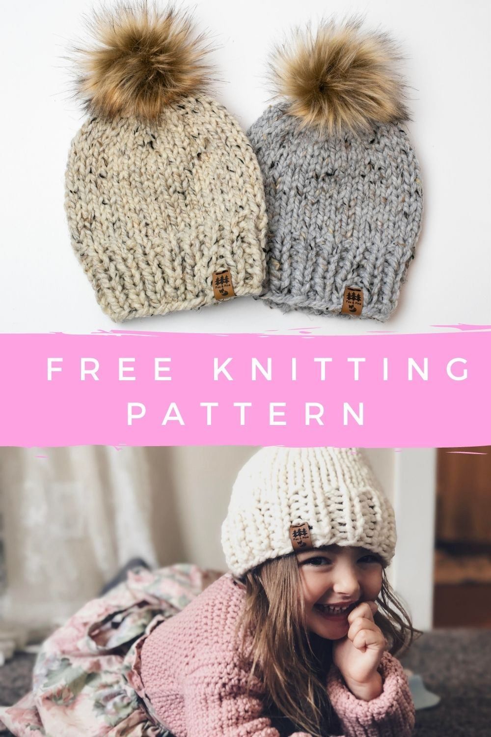 Quick and Easy Chunky Pompom Hat Free Knitting Pattern newborn baby children women beginner friendly Girls Knit Hat, Knitted Hats Kids, Knitting Girls, Baby Knitting, Knit Hats, Knitted Baby, Halloween Knitting Patterns, Beanie Knitting Patterns Free, Child Knit Hat Pattern
