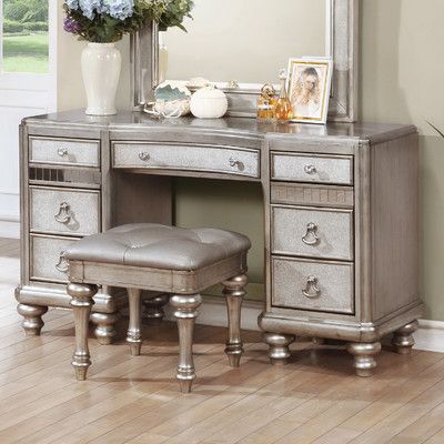 Bling Game 7-Drawer Vanity Desk with Stacked Bun Feet Metallic Platinum