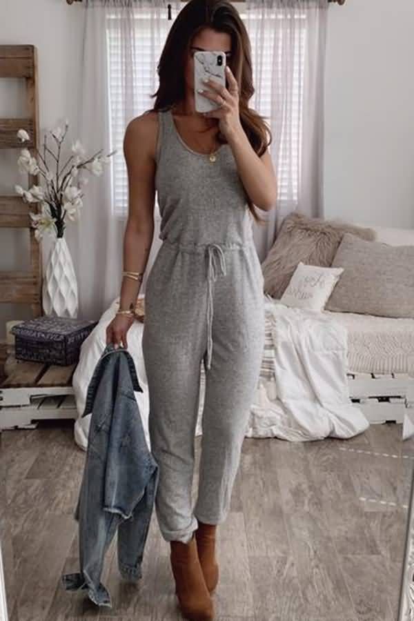 Women Gray Tied Sleeveless Pocket Casual Jumpsuit - L #casualjumpsuit