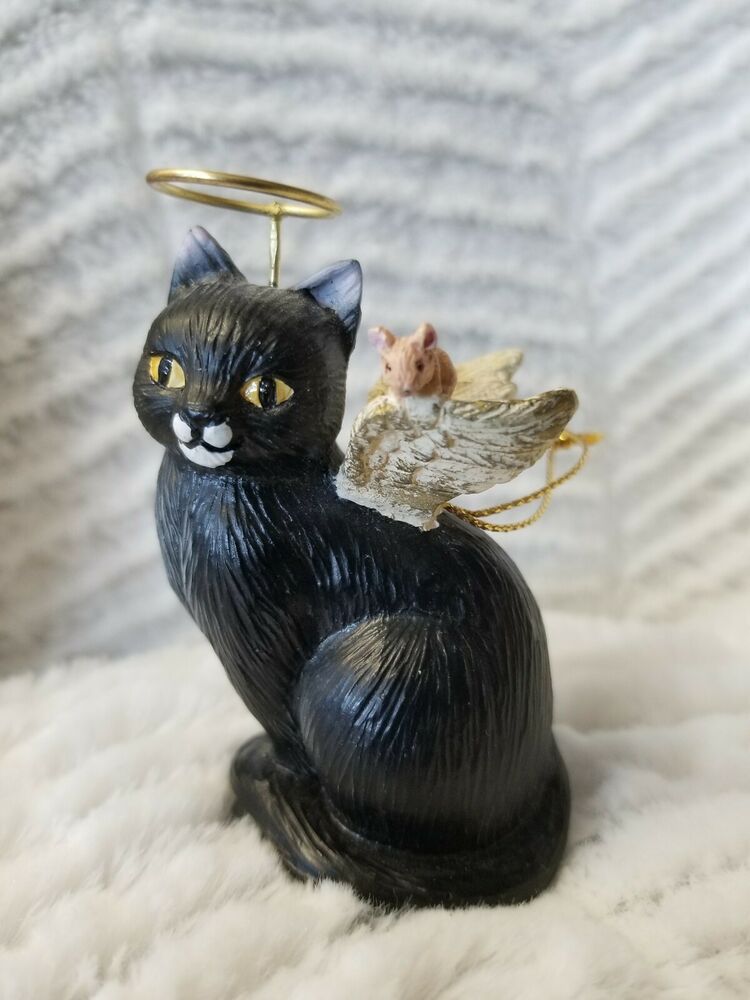 Black Cat Angel Christmas Ornament With Mouse On Wing Handpainted Resin Figurine