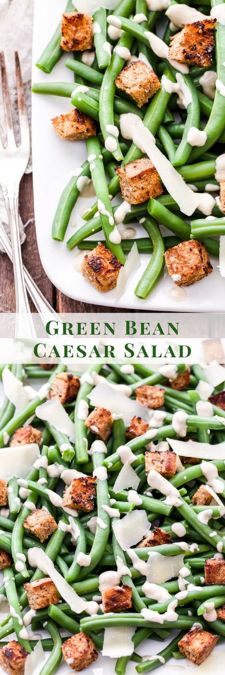 Everything you love about Caesar salad with a delicious twist. Green beans instead of lettuce! This Green Bean Caesar Salad is the perfect alternative to the traditional version and a great side dish to add to your table this holiday season! #greenbean