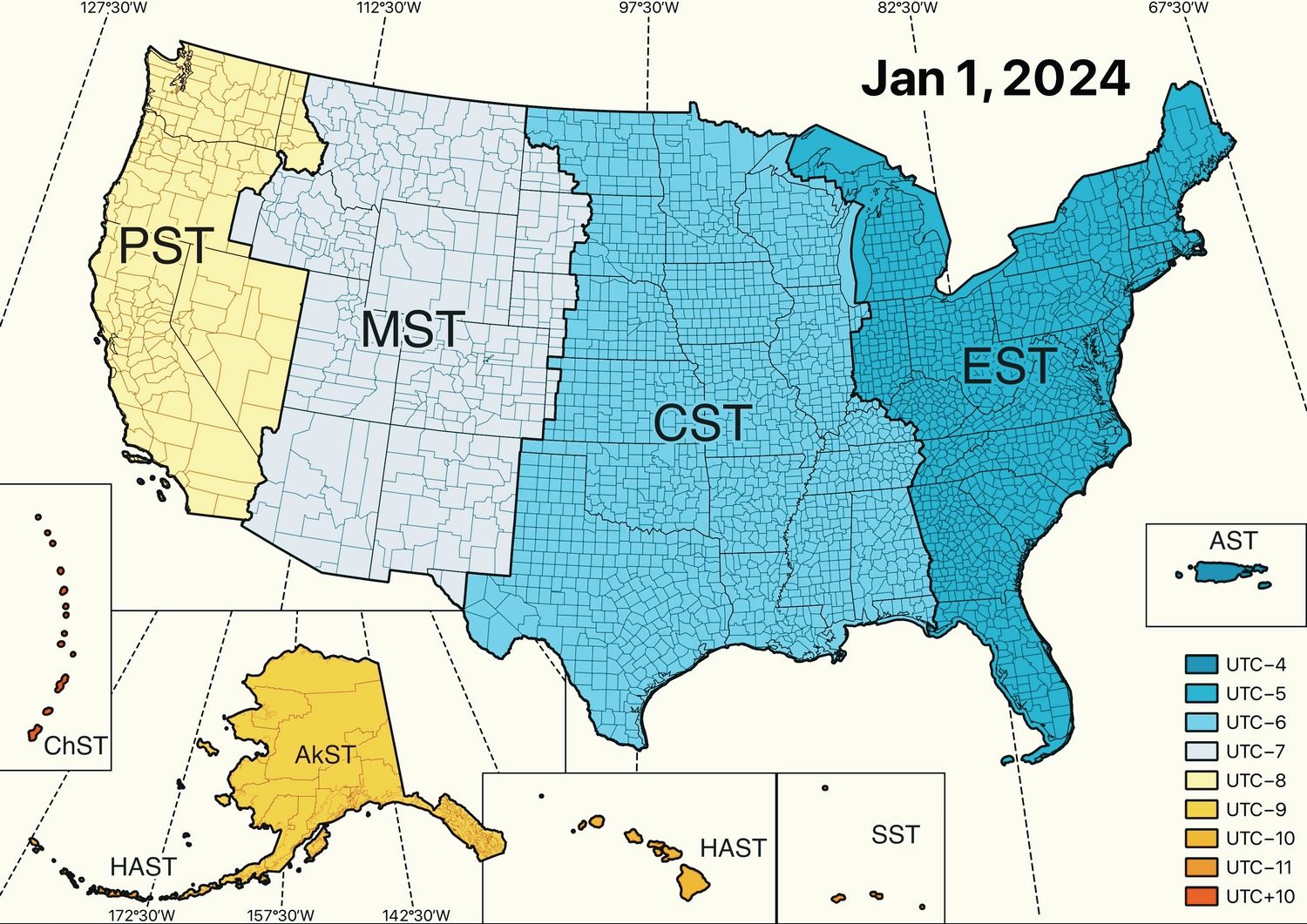 Evolution of United States Standard Time Zone Boundaries