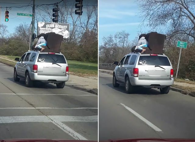 No Tie Down Straps, No Problem Guy Rides On SUV Roof To Secure Couch No Tie Down Straps, No Problem Guy Rides On SUV Roof To Secure Couch