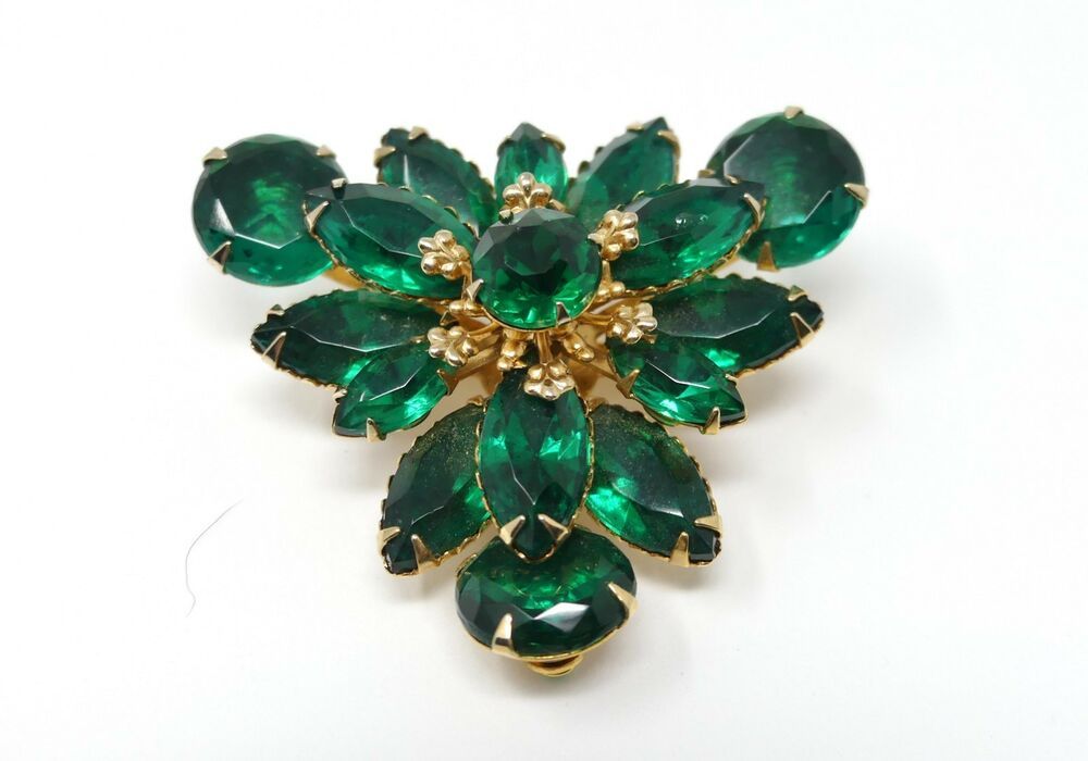 Vintage Gold Tone and Emerald Green Rhinestone Brooch Pin
