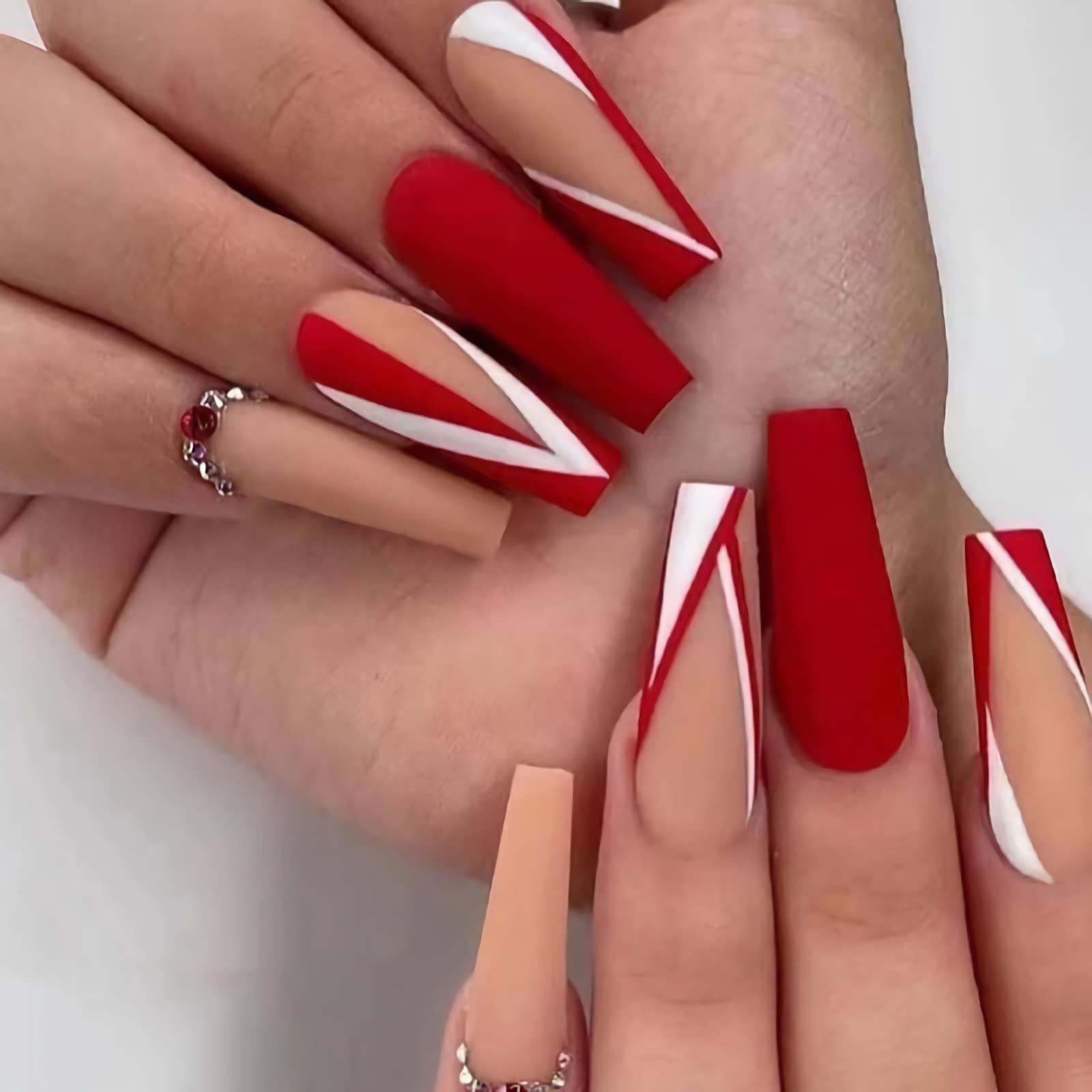 BABALAL Christmas Press on Nails Long Coffin Fake Nails Matte Red Glue on Nails Rhinestones Acrylic Nails 24Pcs Thanksgiving Gift Manicure Ballerina Stick on Nails for Women