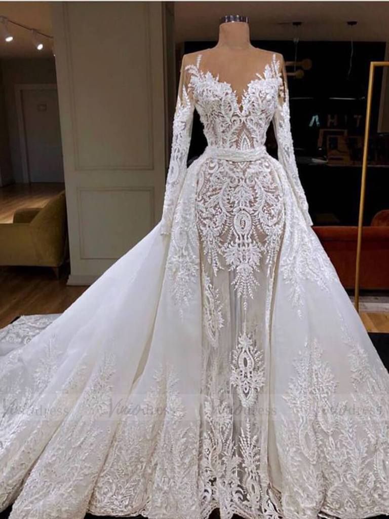 Long Sleeve Beaded Wedding Dresses with Satin Overskirt Detachable